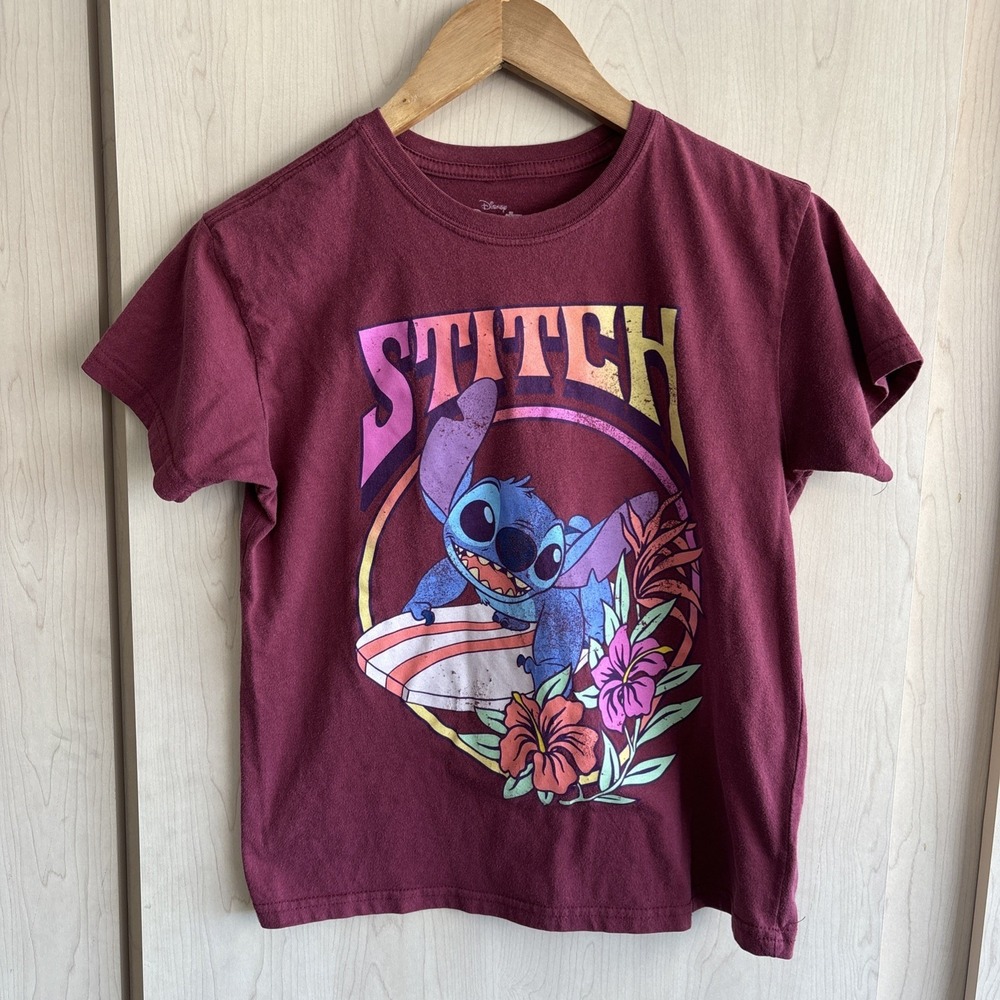 Disney Stitch Shirt Women's XS Red Maroon Short Sleeve Surfboard Lilo & Stitch